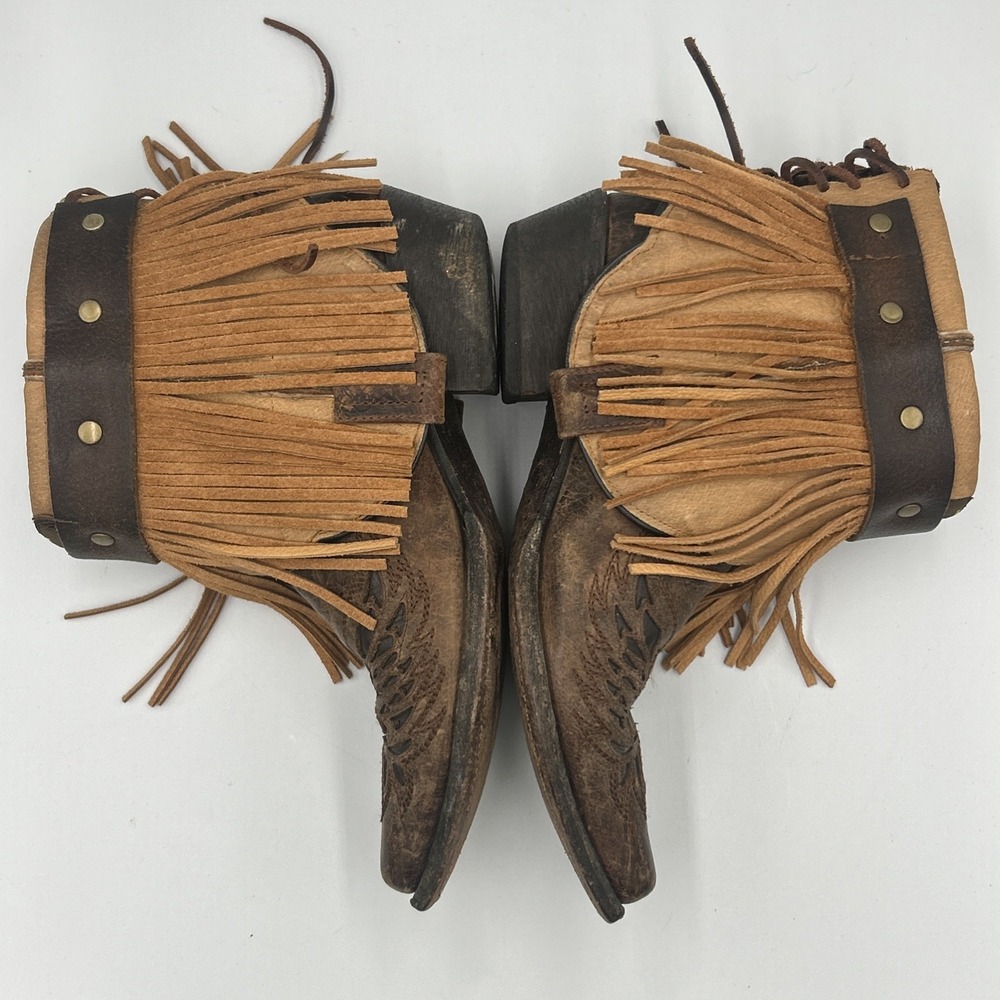 JB Dillion Snip Toe Cross Inlay Fringe Cowgirl Brown Leather Lace Up Western 9B - Picture 6 of 12